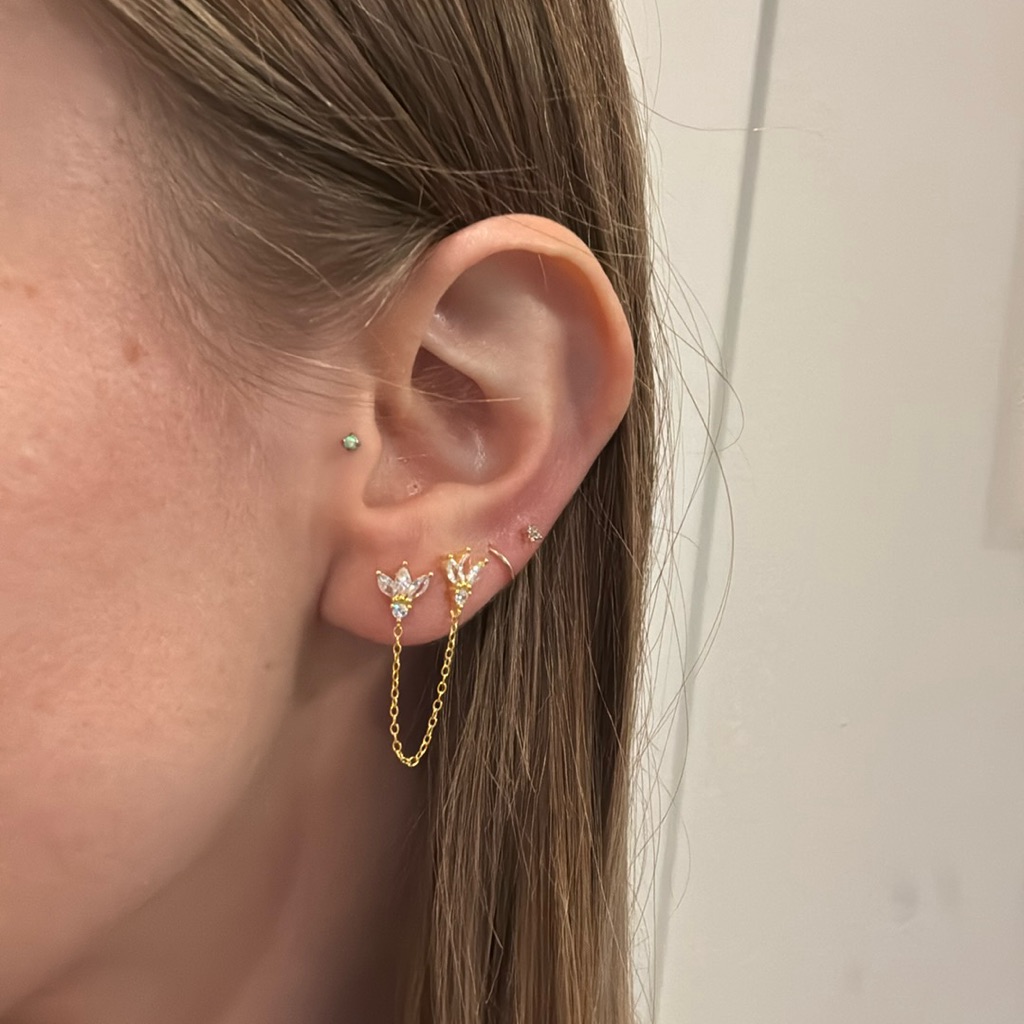Gold Plated Sterling Silver Earring Cz Stud Earrings Chain Dangling 29$